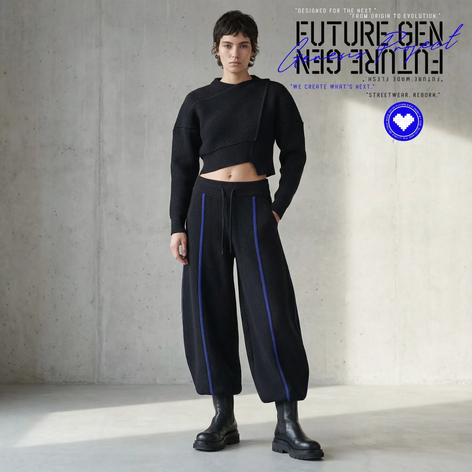 Future Gen Genesis Project: asimetrik örgü üst ve şeritli örgü pantolon